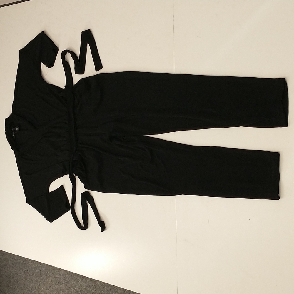 USA Made Black Stretch Knit Jumpsuit Affinity For Knits size L Long Sleeve Wrap